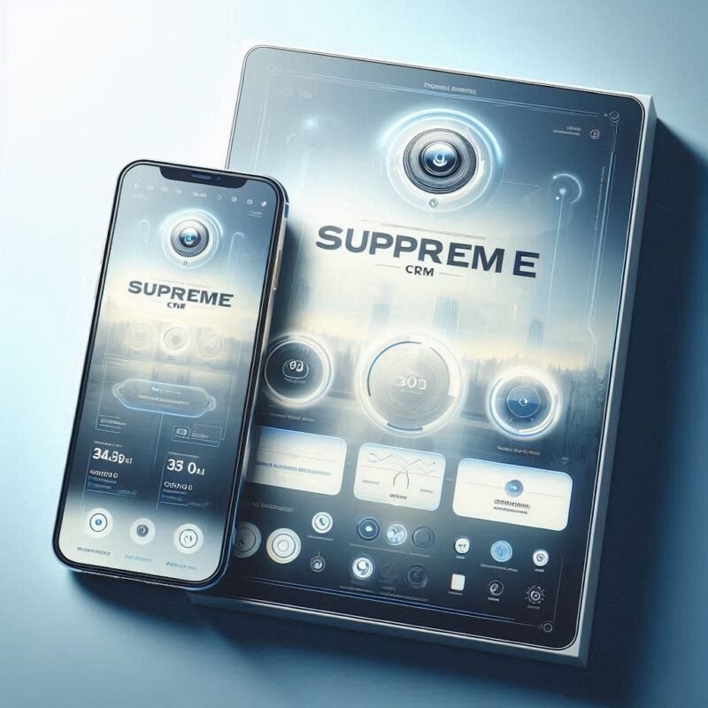 A sleek and modern product image for 'Supreme CRM', showcasing a professional and sophisticated desi