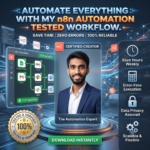 Product image showcasing an automation expert profile next to an n8n workflow diagram connecting Google Sheets, Gmail, Slack, and a 100% Tested & Verified badge
